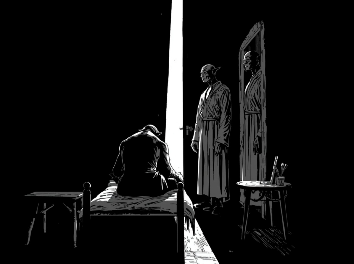 Schwarzweiße Illustration: Grashk sitzt in einer dunklen Kammer, während zwei hohe Gestalten im hellen Türrahmen stehen.